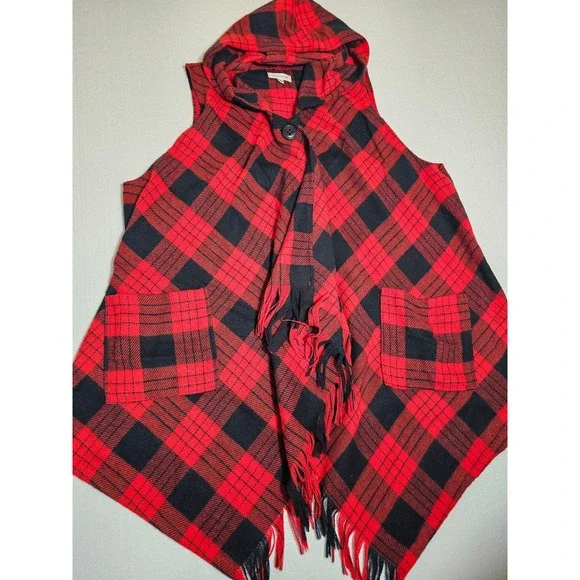 Rewind Red Black Buffalo Plaid Hooded Fringe Vest Scarf Front Plus Size 1X - Picture 5 of 7